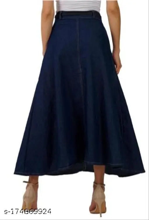 Blue solid denim A-line skirt, sizes: 26, 28, 30, 32, 34, 36, 38, 40, 42, 44. Made in India