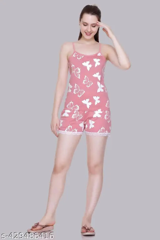 Cotton printed shorts nightsuit set for girls, women's twin set with tank top and short bottom, Indian-made" (124 characters)