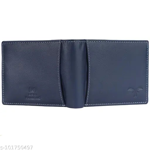 Blue genuine high-quality leather men's wallet with RFID protection and compact size, featuring 6 card slots, 2 currency pockets, secret compartment, coin pocket, 3 transparent windows, and zippered interior. Perfect for everyday essentials organization. Gift idea for men. Made in India