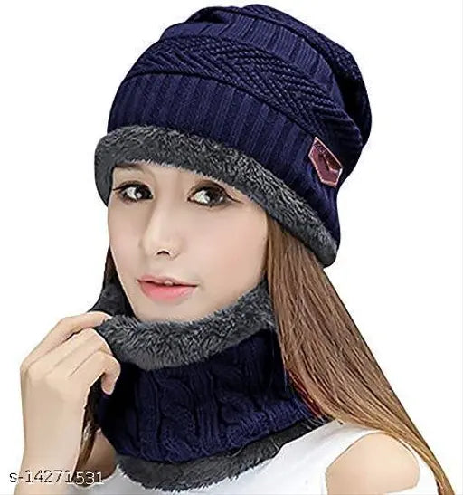 Blue knit cap, fur lining, zipper closure