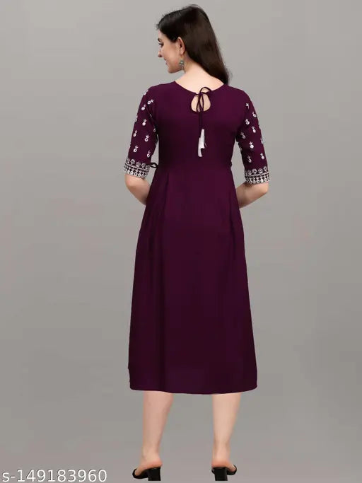 Purple traditional embroidered kurta, long, with side pockets and a back tie