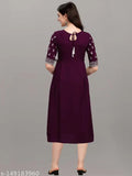 Purple traditional embroidered kurta, long, with side pockets and a back tie