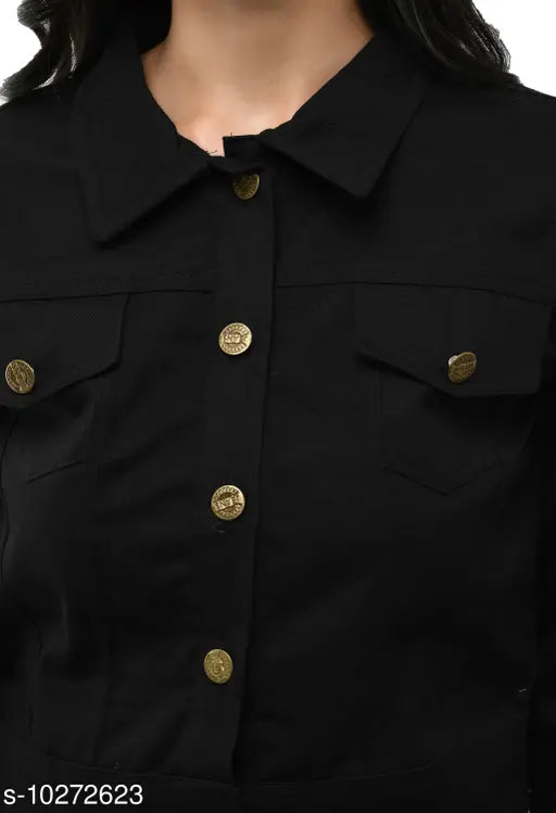 Black cotton blend jacket for women, solid design, long sleeves, Indian origin