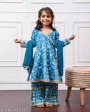 Bright floral print cotton anarkali kurti sharara & dupatta set with gota lace, 5-6 years, traditional ethnic Indian wear
