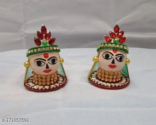 Wooden Riddhi Siddhi Ganesh Idols (Set of 2), multi-colored with artificial pearls, diamonds, and fabrics for puja and home decor
