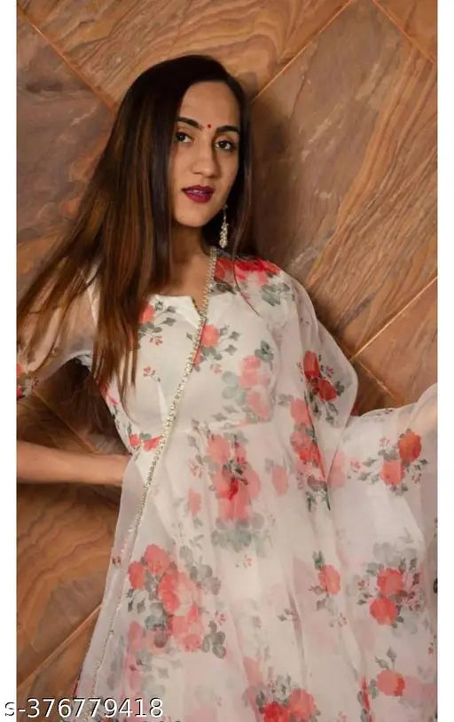 Georgette round neck long sleeve mill printed dress with net dupatta, formal/casual wear for women and girls