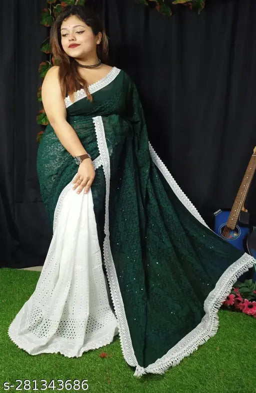 High-quality Hakuba cotton saree with chiffon pallu, embellished with intricate embroidery and lace border. Indian origin, perfect for traditional events