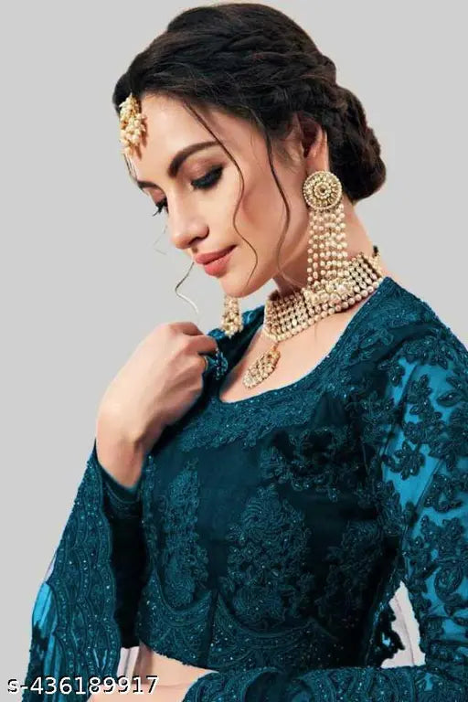 Embroidered botanical print net lehenga-choli with satin bottomwear, free size, India origin