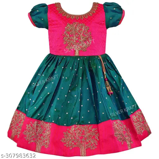 Rama Green embroidered satin sleeveless frock for kids, elegant and whimsical design perfect for special occasions