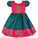 Rama Green embroidered satin sleeveless frock for kids, elegant and whimsical design perfect for special occasions