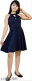 Sleeveless navy blue cotton blend knee-length dress with a flared skirt, suitable for casual and party wear