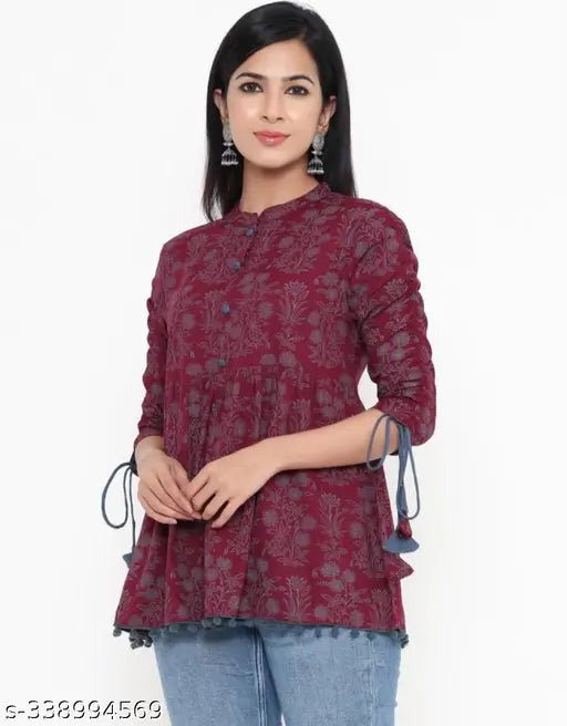 Rayon printed short kurti for women, S-XXL sizes, vibrant design for party wear