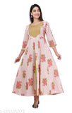 Pink cotton Anarkali kurta with floral print, three-quarter sleeves. Indian women's embroidered outfit for M (38in bust, 52in length), L (40in bust, 52in length), XL (42in bust, 52in length), XXL (44in bust, 52in length)