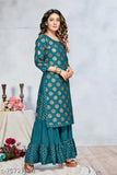 Blue rayon kameez with foil print, round neck, long sleeves, and bottom work. Suitable for party wear, wedding wear, and daily casual wear