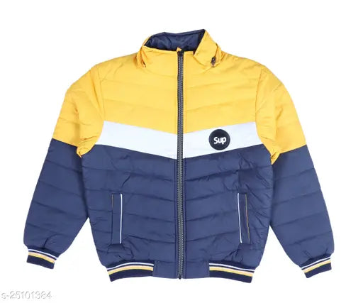 Blue and yellow padded jacket with stripe design and zip front