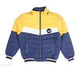 Blue and yellow padded jacket with stripe design and zip front