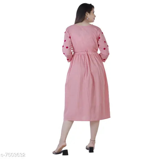 Pink cotton embroidered women's kurti