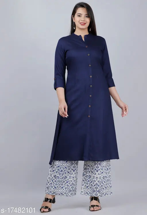 Rayon A-line kurti with printed Palazzo, solid net color, three-quarter sleeves, India-made women's ethnic wear