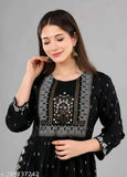 Black rayon embroidered kurta with beads and stone work, long sleeves, beautiful Indian traditional clothing