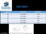 Black casual sandal with blue branding, designed for children aged 25 years, suitable for both genders, available in size 8C