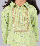 Nanci Girls Rayon Printed Kurta and Pyjama Set - Indian festive wear for girls aged 5-8, featuring spread collar and frilled hem, ready to wear for parties and ceremonies