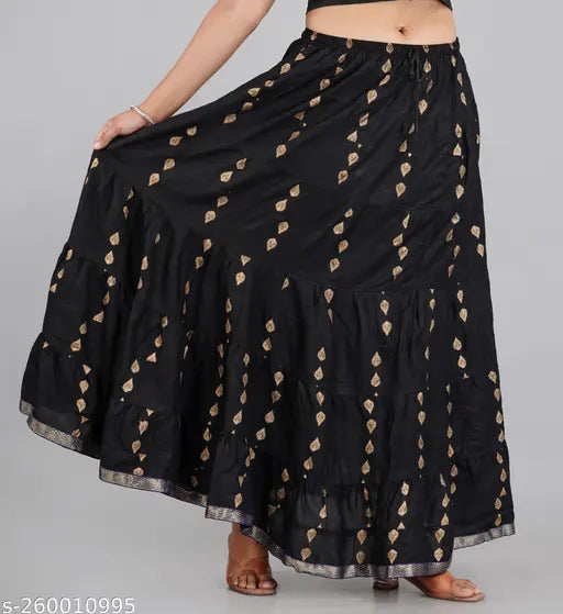 Printed rayon black long skirt, beautiful and comfortable for women. Sizes available: M, L, XL, XXL, XXXL & free size. Made in India