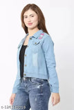 Women's denim kitty patch jacket, long-sleeved, blue denim with cat prints, size S-XL