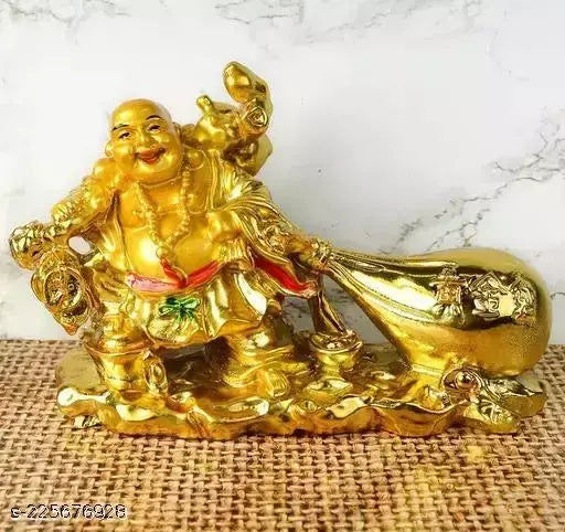 Vastu resin laughing Buddha with money potli for wealth and business, 10 inch tall, India-origin