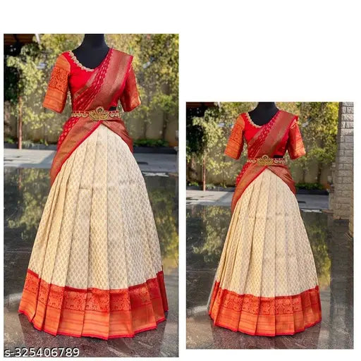 Red striped lehenga choli (Art Silk, Acrylic dupatta) with Litchi Silk zari work, unstitched for free size. Solid patterns, three-quarter sleeves, tassels and belt included. Indian-made, ready to ship