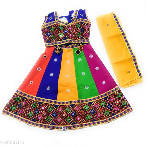 Multicolor printed cotton Lehanga Choli for girls (4-5 years), traditional ethnic motif design, sleeveless and stitched net style, Indian craftsmanship