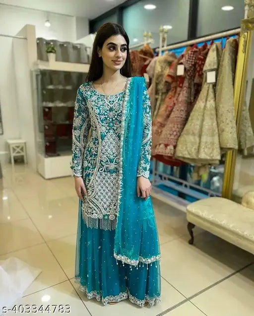 Blue and gold cotton silk kurta with dupatta and sharara, heavy fox Georgette, fancy embroidery work, stone handwork, lace border, XL (bust size 40in), 2.1m dupatta from India