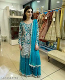 Blue and gold cotton silk kurta with dupatta and sharara, heavy fox Georgette, fancy embroidery work, stone handwork, lace border, XL (bust size 40in), 2.1m dupatta from India