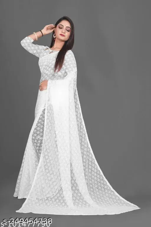 White cotton blend Rasal saree with embellished net blouse, attractive for parties and events