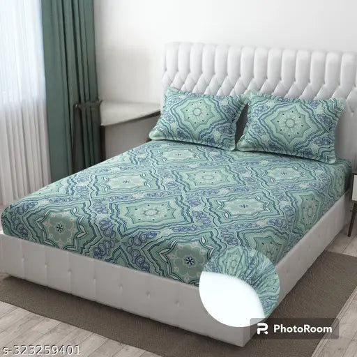 Glace Cotton, fully elastic double bedsheet with ethnic motifs & 2 pillow covers, ideal for summer use on fitted beds up to 8" thick (78 x 72 inches)