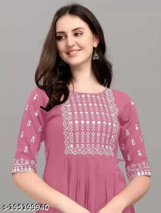 Pink rayon embroidered anarkali kurti, three-quarter sleeves, Indian traditional wear for women