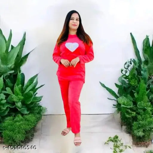Red women's woolen night suit with printed net pattern for winter, perfect pyjama set in size M or L from India