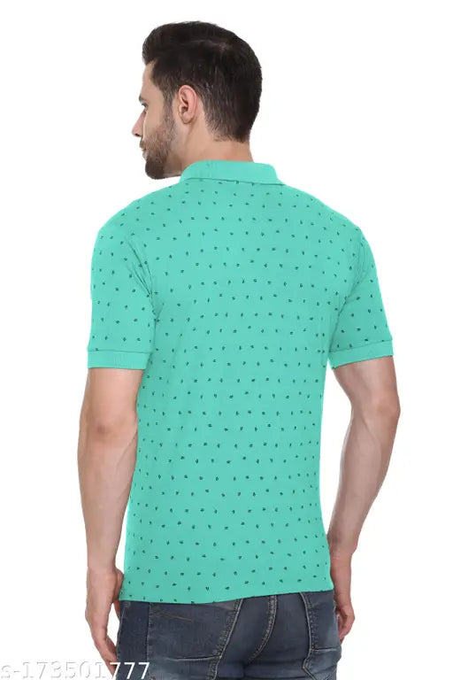 Mintgreen cotton blend polo neck t-shirt for men, printed design on short sleeves