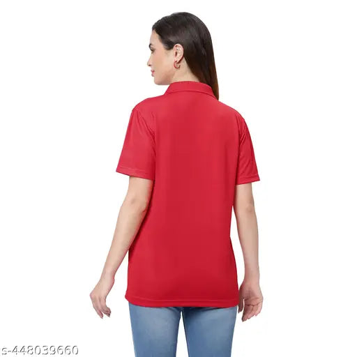 Red cotton polo t-shirt for women, loose fit, short sleeves, Mahanandi's brand