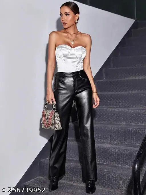 Black leather pants, high slit, trendy