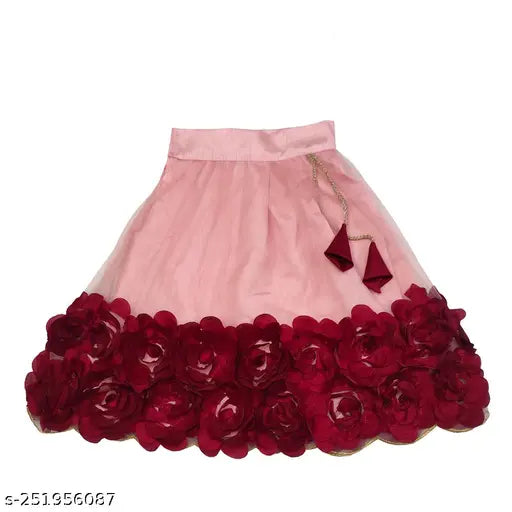 Art Silk Lehenga and Net Dupatta set for Kids, embroidered with ribbon work and satin lace border. Suitable for ages 12-8 years, sizes varying from 12-18 months to 7-8 years. Perfect addition to your little princess's wardrobe