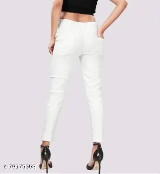 High waist white denim jeggings for women, MM-21 brand, solid dobby denim fabric, elastic closure, sizes 30-46
