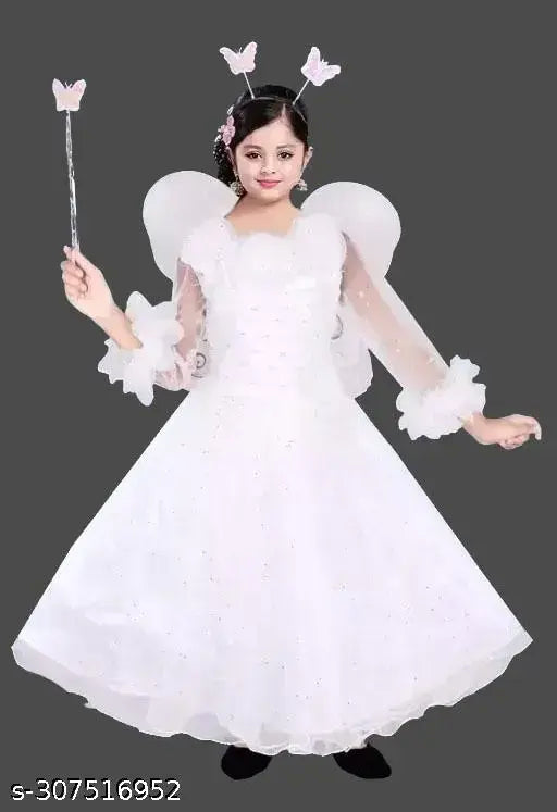 White designer dress with butterfly wings, hairband, and stick for fairy princess theme