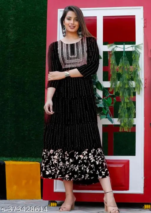 Anarkali printed rayon kurtis for women and girls, embroidered combo with three-quarter sleeves, fashionable Indian clothing on mannequin