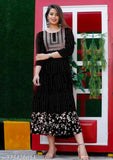 Anarkali printed rayon kurtis for women and girls, embroidered combo with three-quarter sleeves, fashionable Indian clothing on mannequin