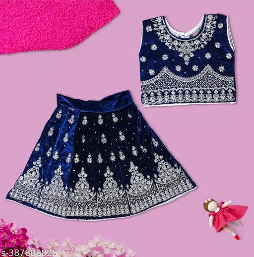 Embroidered velvet lehenga for kids, vibrant and intricate, 1-2 years size, Indian origin