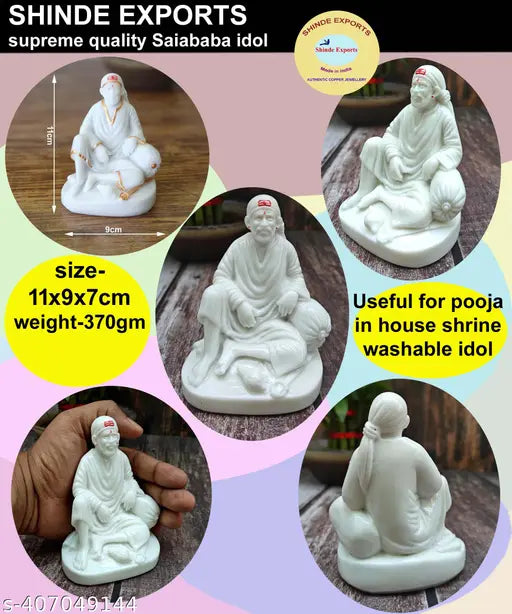 Shinde Exports Marble Shirdi Saibaba Idol, 11cm x 9cm x 7cm, suitable for car dashboards. Hand-crafted Indian marble deity