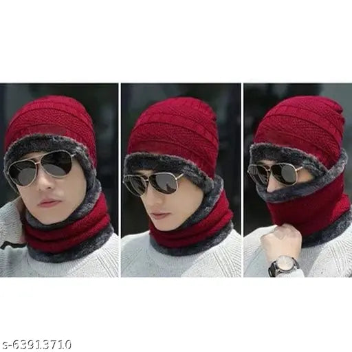Red wool skull cap & muffler scarf set for unisex, ultra-soft and warm, fashionable winter accessory from India