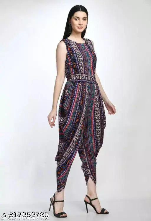 Sleeveless printed crepe dhoti jumpsuit for women, vibrant Indian design