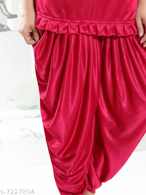 Women's satin nightsuit, solid-colored lounge wear, short sleeves, patiala pants from India