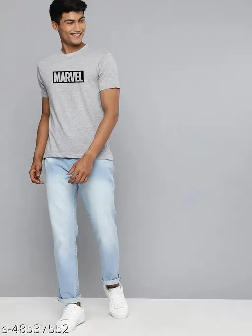 Organic Chics Marvel printed grey men's t-shirt, cotton half sleeve with graphic print for gym style, size chart: S-38, M-40, L-42, XL-44, XXL-46